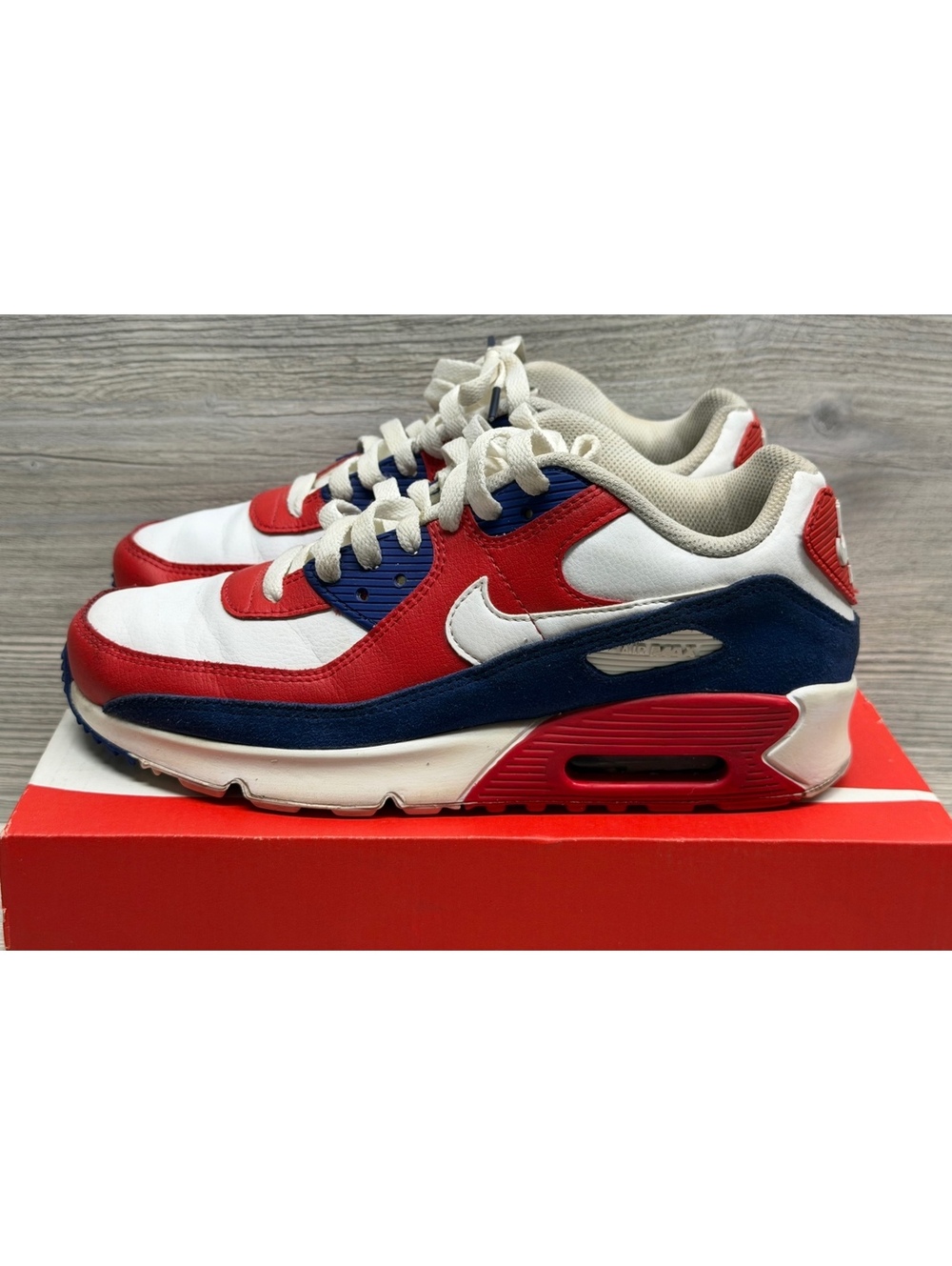 Nike Air Max 90 GS Sneakers White/Red/Deep Royal Size 7Y Youth Shoes